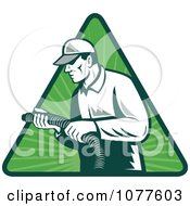 Green Tradesman Holding An Insulation Hose Over A Triangle