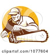 Clipart Man Using A Chainsaw Over An Orange Burst Royalty Free Vector Illustration