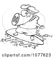 Clipart Outlined Surfer Pig Riding A Wave Royalty Free Vector Illustration