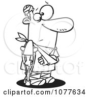 Clipart Outlined Accident Prone Man With Bandages And A Crutch Royalty Free Vector Illustration