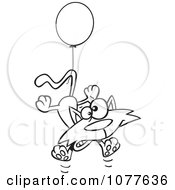 Clipart Outlined Birthday Cat Floating With A Party Balloon Royalty Free Vector Illustration