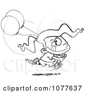 Clipart Outlined Birthday Girl Running With Party Balloons Royalty Free Vector Illustration