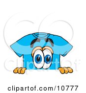 Blue Short Sleeved T-Shirt Mascot Cartoon Character Peeking Over A Surface