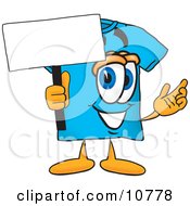 Poster, Art Print Of Blue Short Sleeved T-Shirt Mascot Cartoon Character Holding A Blank Sign