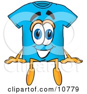 Blue Short Sleeved T-Shirt Mascot Cartoon Character Sitting