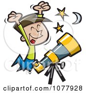 Happy Boy Jumping By A Telescope