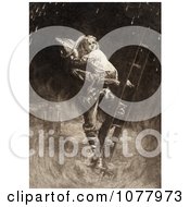 Poster, Art Print Of Fireman Rescuing A Little Girl Carrying Her On His Shoulder While Climbing Down A Ladder During A Building Fire