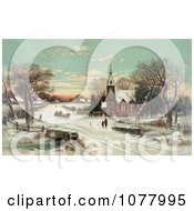 Poster, Art Print Of People Gathering At A Small Village Church On A Snowy Christmas Eve
