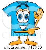 Poster, Art Print Of Blue Short Sleeved T-Shirt Mascot Cartoon Character Waving And Pointing