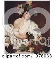 Poster, Art Print Of Young Man Wearing Grapes And Leaves On His Head Holding A Glass Of Red Wine Seated By Fruit