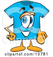 Blue Short Sleeved T-Shirt Mascot Cartoon Character Pointing At The Viewer
