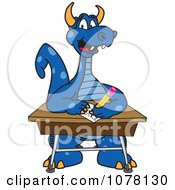 Blue Dragon School Mascot At A School Desk