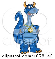 Blue Dragon School Mascot Wearing A Sports Medal