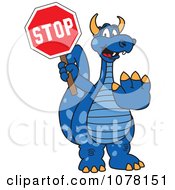 Blue Dragon School Mascot Holding A Stop Sign