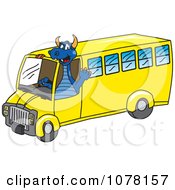 Blue Dragon School Mascot Driving A School Bus