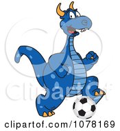 Blue Dragon School Mascot Playing Soccer