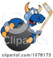 Blue Dragon School Mascot Grabbing A Hockey Puck