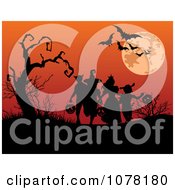 Poster, Art Print Of Silhouetted Kids Trick Or Treating Under Bats A Full Moon And Bare Tree