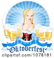 Clipart Beer Maiden Holding Pints Over An Oktoberfest Banner Royalty Free Vector Illustration