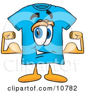 Clipart Picture Of A Blue Short Sleeved T Shirt Mascot Cartoon Character Flexing His Arm Muscles by Toons4Biz