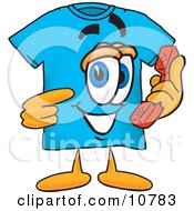 Clipart Picture Of A Blue Short Sleeved T Shirt Mascot Cartoon Character Holding A Telephone by Toons4Biz