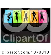 Clipart Four Silhouetted Dancers Over Colorful Squres On Black Royalty Free Vector Illustration