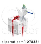 Clipart 3d Silver Person Wearing A Party Hat On A Gift Box Royalty Free Vector Illustration