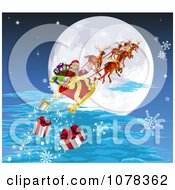 Poster, Art Print Of Santa And His Reindeer Flying Against A Full Moon And Dropping Christmas Gifts
