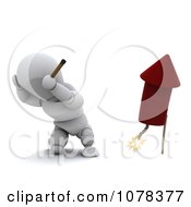 Poster, Art Print Of 3d White Character Plugging His Ears And Lighting A Firework