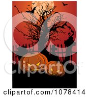 Poster, Art Print Of Creepy Jackolanterns In A Cemetery With A Bare Tree Bats And A Full Moon