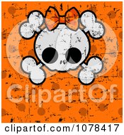 Poster, Art Print Of Halloween Skull And Cross Bones With A Bow Over Grungy Orange Polka Dots