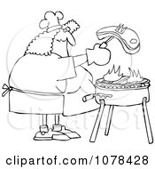 Clipart Outlined Woman Grilling Steak On A BBQ Royalty Free Vector Illustration