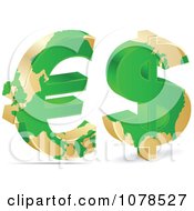 Poster, Art Print Of 3d Green Euro And Dollar Symbols With Gold Maps