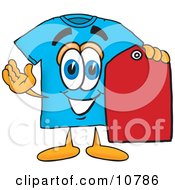 Blue Short Sleeved T-Shirt Mascot Cartoon Character Holding A Red Sales Price Tag