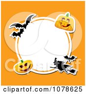 Poster, Art Print Of Round Halloween Circle With Bats A Witch And Pumpkins On Orange