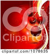 Poster, Art Print Of Red Background Of Suspended 3d Christmas Baubles And Vines