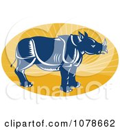 Poster, Art Print Of Retro Blue Rhino Profile On A Yellow Ray Oval Logo