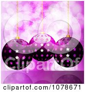 Clipart 3d Purple Starry Christmas Baubles Hanging Over Sparkles Royalty Free Vector Illustration