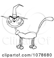 Clipart Outlined Halloween Cat Wearing A Witch Hat Royalty Free Vector Illustration
