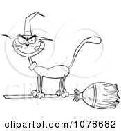Clipart Outlined Halloween Witch Cat On A Broomstick Royalty Free Vector Illustration