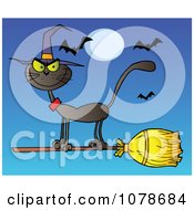 Clipart Halloween Witch Cat On A Broomstick Over Blue Royalty Free Vector Illustration