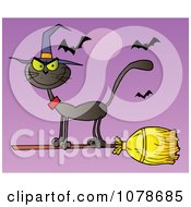 Clipart Halloween Witch Cat On A Broomstick Over Purple Royalty Free Vector Illustration