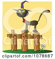 Clipart Halloween Witch Cat On A Fence Over Yellow Royalty Free Vector Illustration