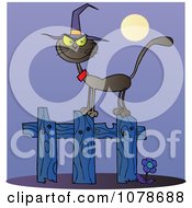 Clipart Halloween Witch Cat On A Fence Over Purple Royalty Free Vector Illustration