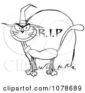 Clipart Outlined Halloween Witch Cat By A Tombstone Royalty Free Vector Illustration