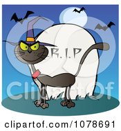 Poster, Art Print Of Halloween Witch Cat By A Tombstone On Blue