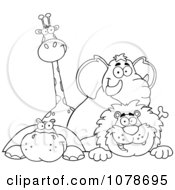 Poster, Art Print Of Happy Outlined Giraffe Elephant Hippo And Lion
