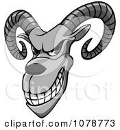 Poster, Art Print Of Grinning Grayscale Aries Goat With Curling Horns