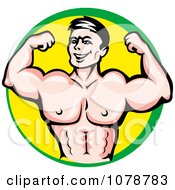Clipart Muscular Bodybuilding Flexing His Upper Body Over Yellow And Green Royalty Free Vector Illustration