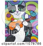 Poster, Art Print Of Happy Tuxedo Cat Playing A Ukulele With A Bird Singing Along